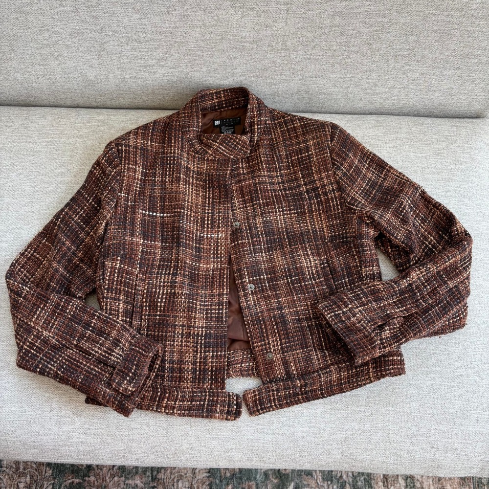 90s Vintage Carole Little Silk Tweed Mock Neck Crop Jacket Brown Petite Small
